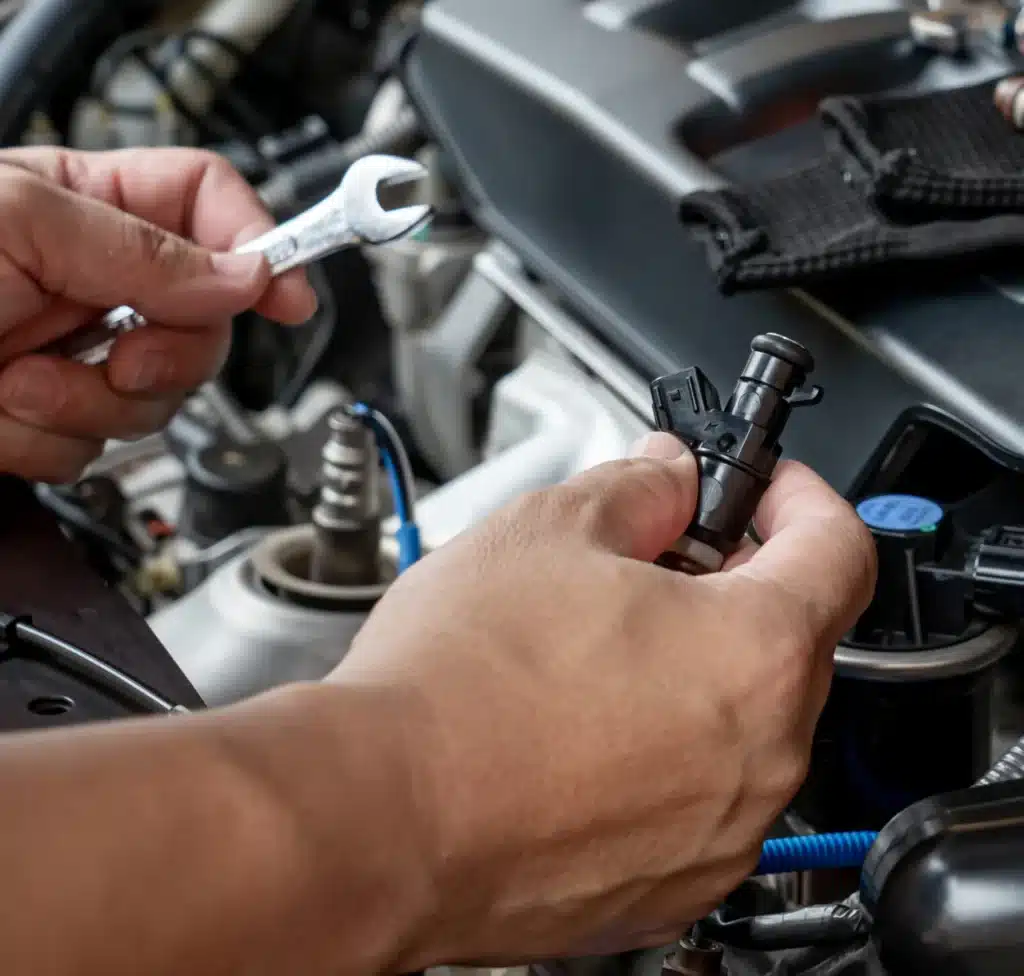 1023 Diesel & Fleet: Close-up of a persons hands working on a car engine. One hand holds a small component, while the other holds a wrench. Various engine parts and cables are visible in the background.