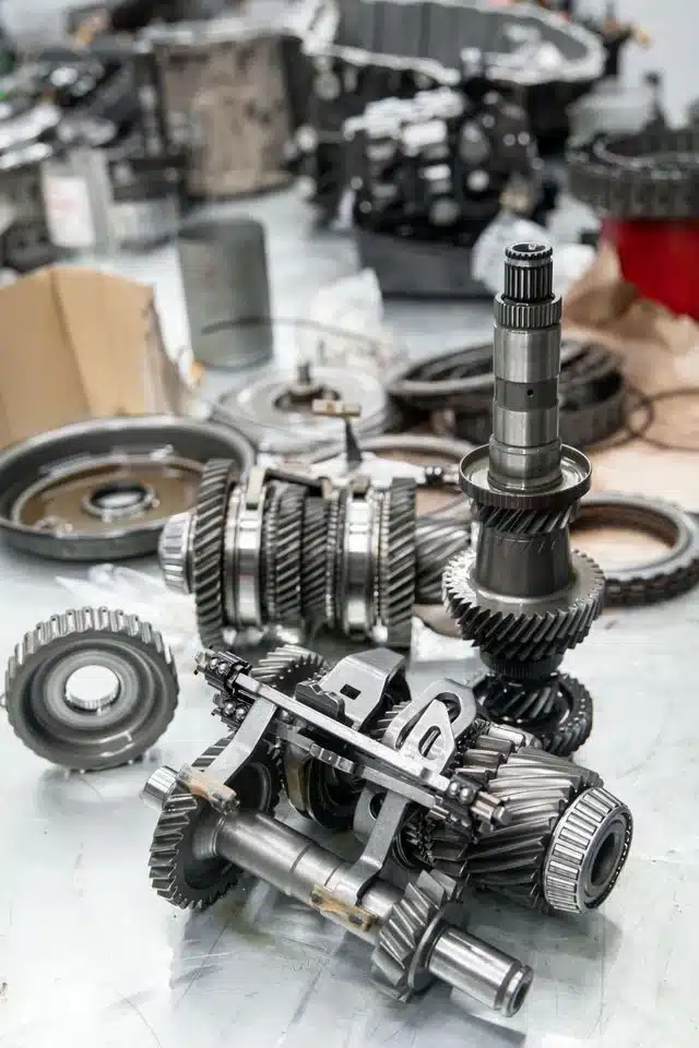 1023 Diesel & Fleet: Close-up of various metal gears and mechanical components scattered on a workshop floor. The image displays intricate details of the gears and shafts, showcasing their metallic textures and industrial design.